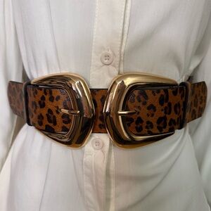 Leopard print PU leather elastic waistband gold tone double buckle belt